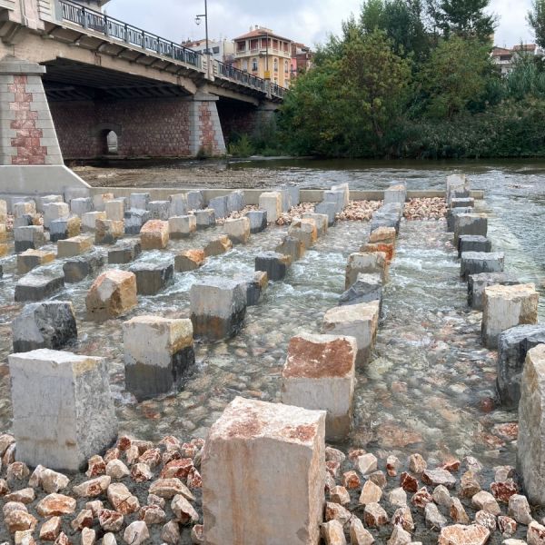 Passe à poissons avec le reste du cours d'eau et un pont en arrière plan | Equo Vivo - Continuité écologique